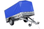Auto Anhänger 230x125 Garden Trailer 230 KIPP Unitrailer 750 kg mit Stützrad, blauer Hochplane und Hochspriegel