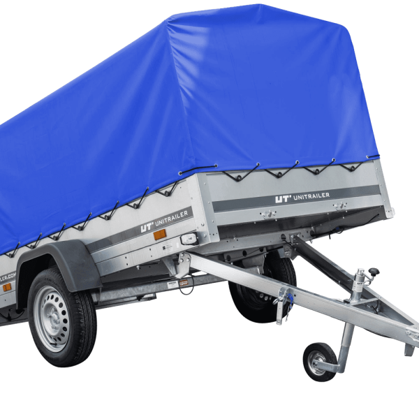 Auto Anhänger 230x125 Garden Trailer 230 KIPP Unitrailer 750 kg mit Stützrad, blauer Hochplane und Hochspriegel